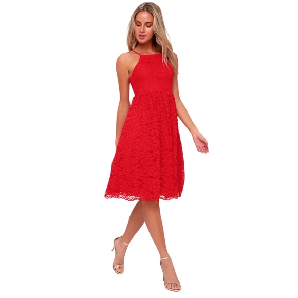 Lulus Dresses & Skirts - LULU’S Kinzie Red Lace Crochet A-Line Swing Halter Midi Fit & Flare Dress $148